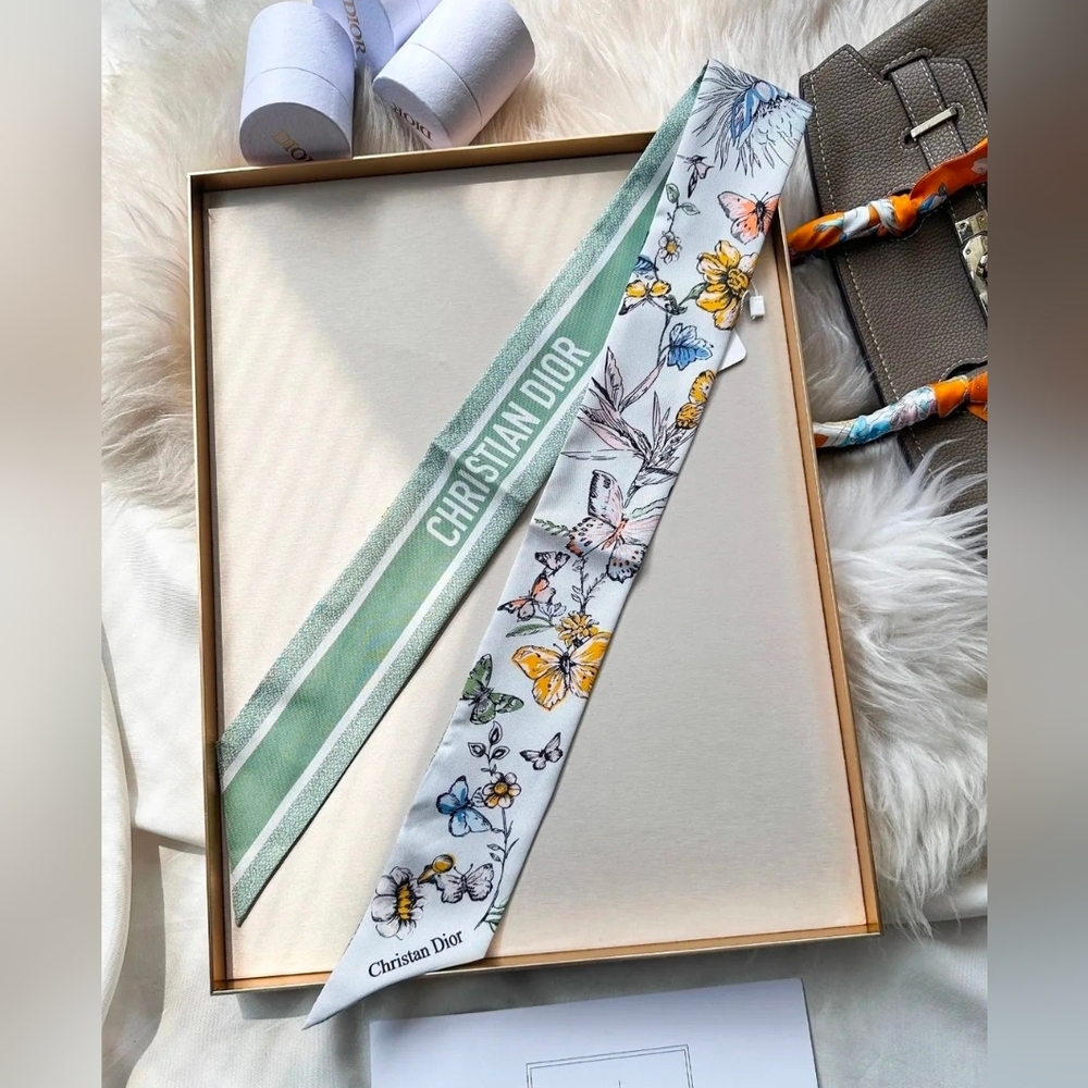 Dior Butterfly and Floral Silk Scarf - White and Yellow GWP